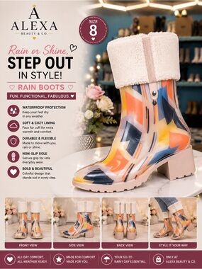Rain Boots with Faux Fur Cuff - Multicolor (Size 8)